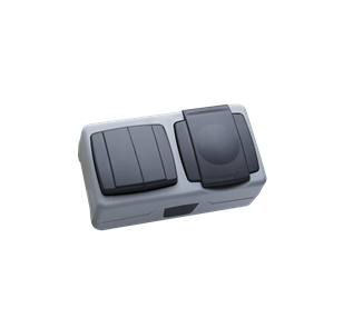 Makel  IP55 Plus Серый   Блок выключатель 2 кл + розетка З/К с крышкой